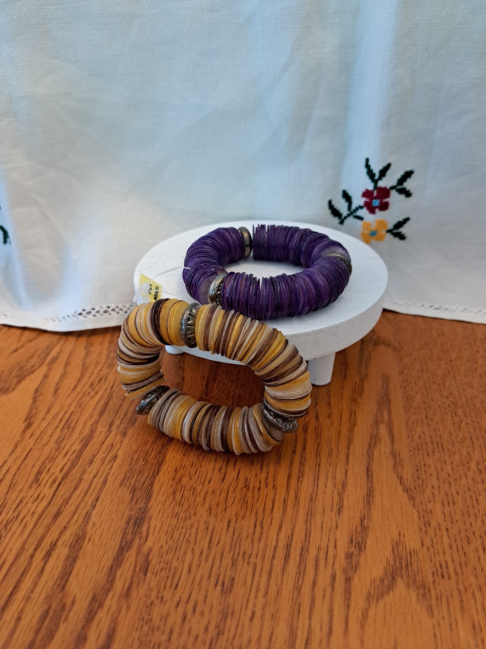Vintage Y2k Stretch Bracelet Set - Purple & Mustard Shell & Bead Bracelets